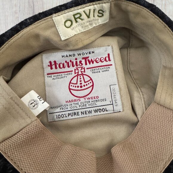 Orvis Harris Tweed Gray Black Herringbone Wool Flat Cap Newsboy Hat Mens L/XL - Picture 2 of 3